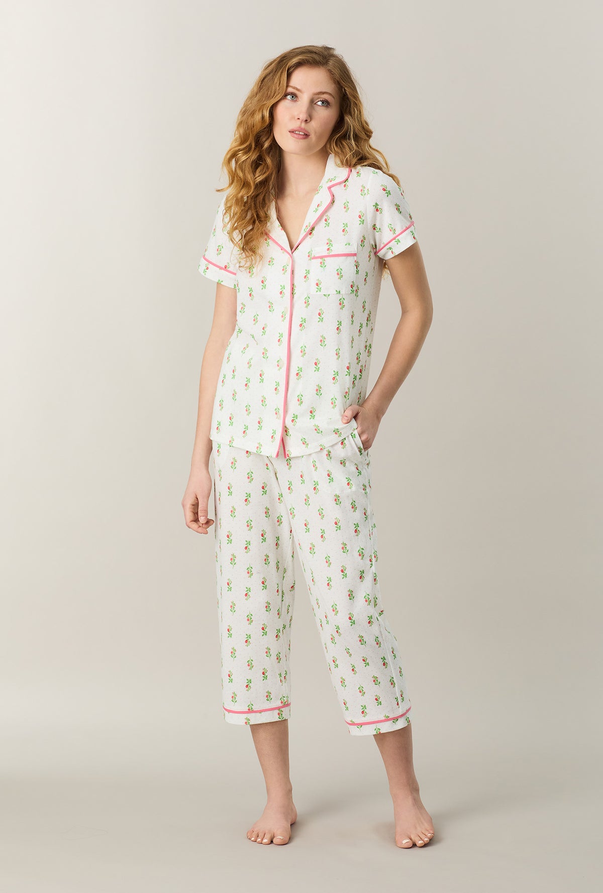 A lady wearing Floral Whisper Cotton Capri Pajama Set