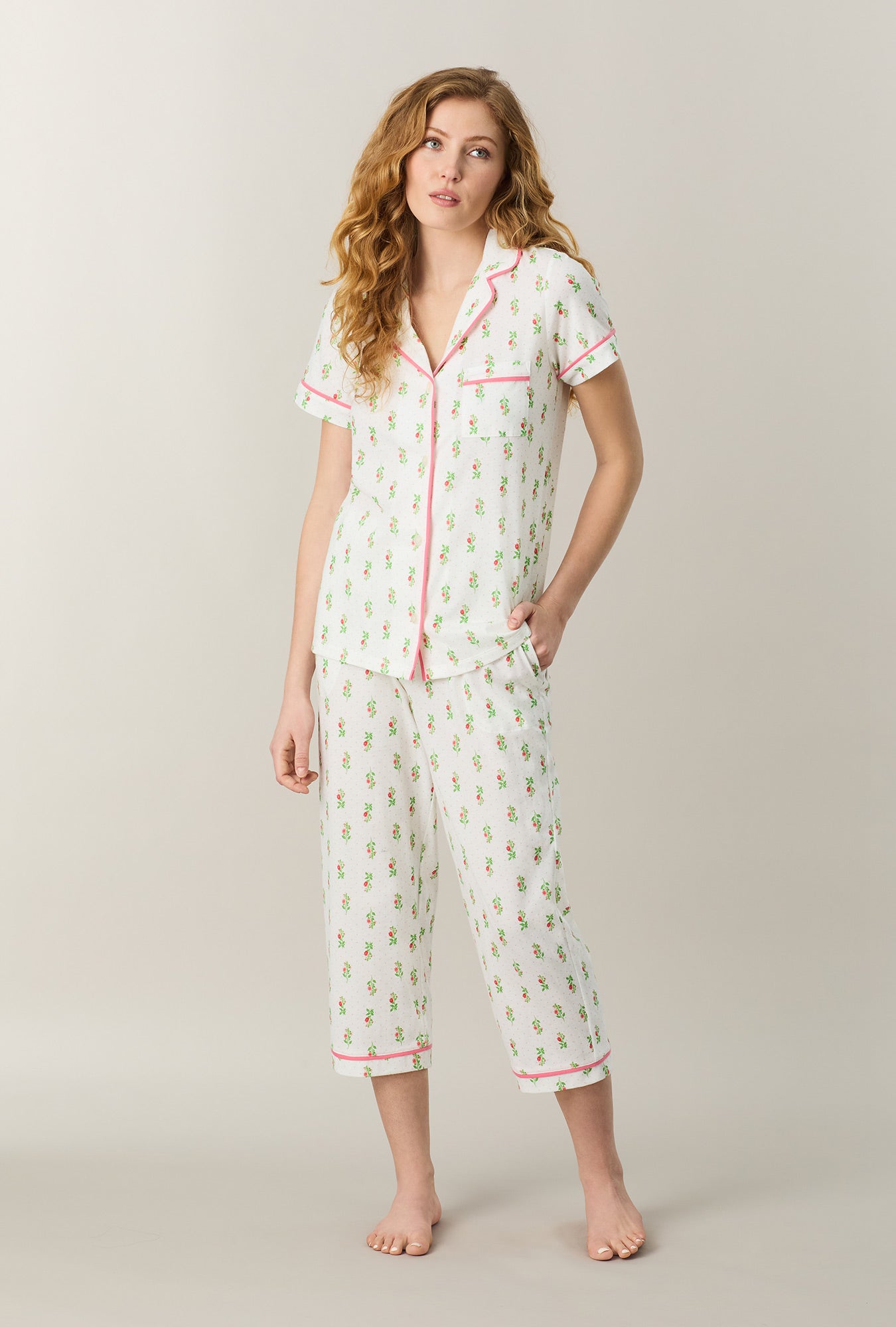 A lady wearing Floral Whisper Cotton Capri Pajama Set