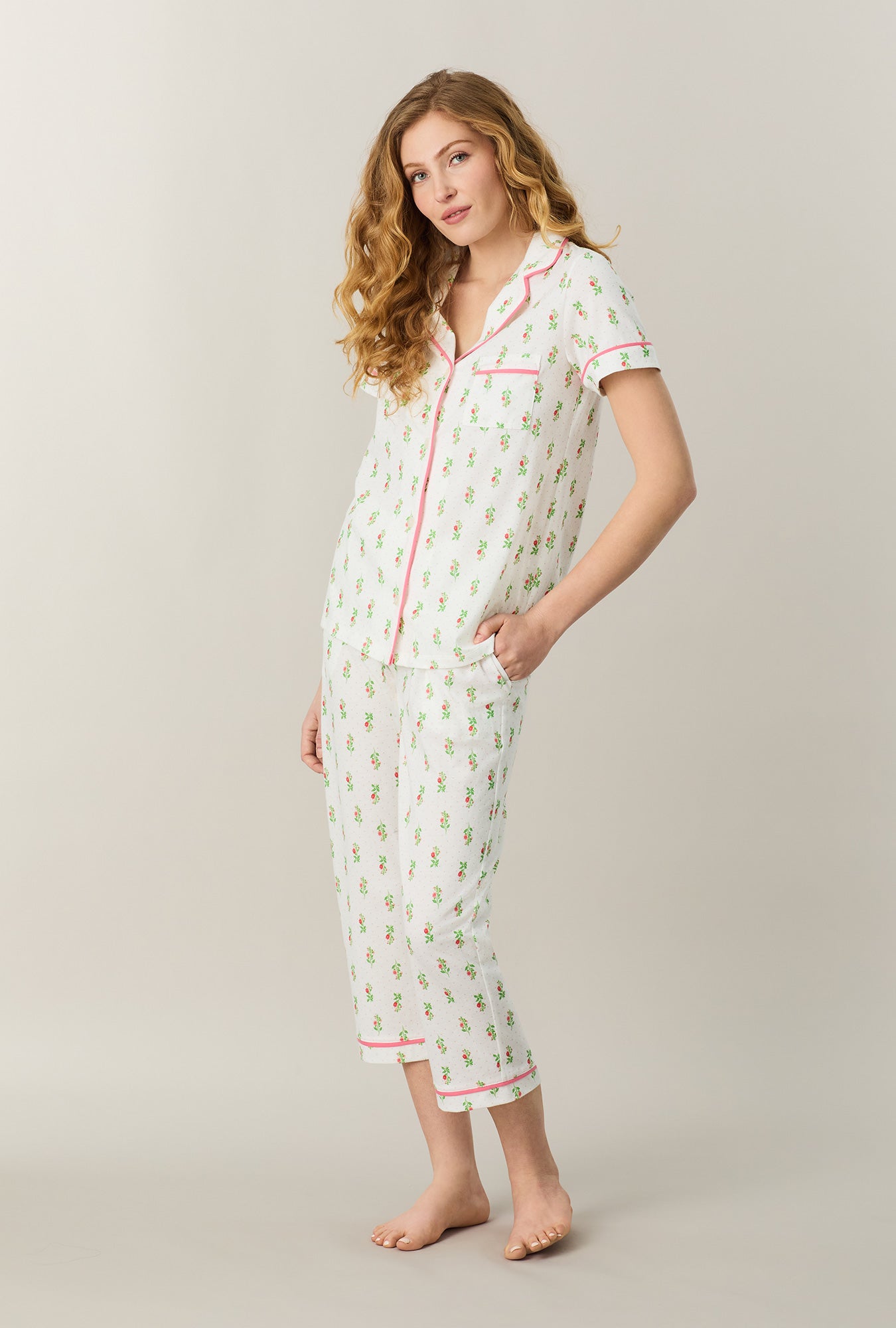 A lady wearing Floral Whisper Cotton Capri Pajama Set