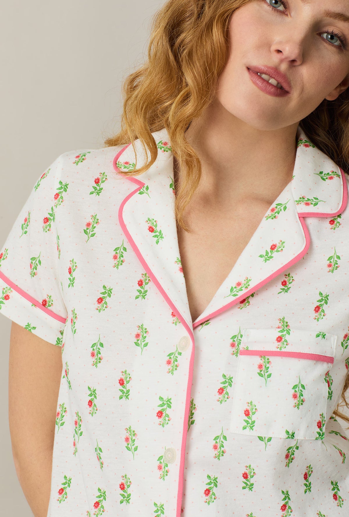 A lady wearing Floral Whisper Cotton Capri Pajama Set closer look