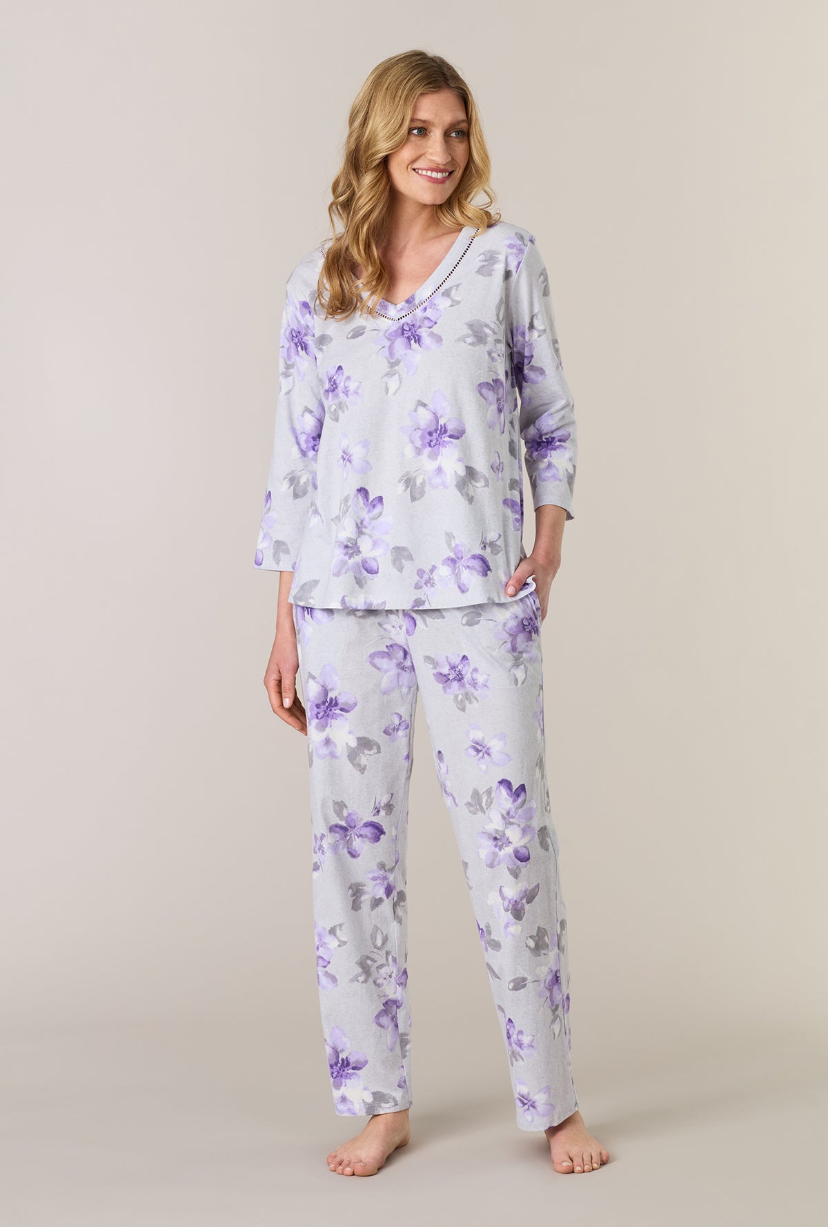 A lady wearing Shadow Petals Cotton Long Pajama Set looking side