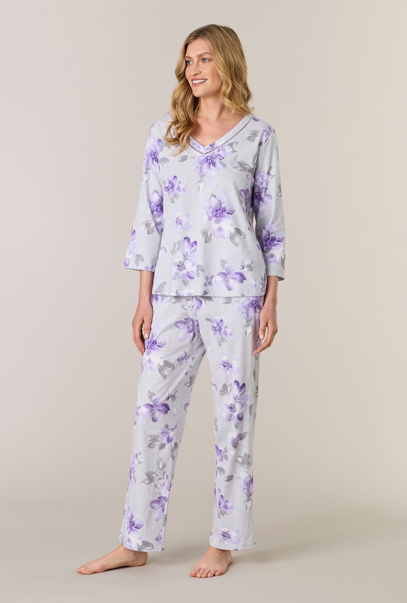 A lady wearing Shadow Petals Cotton Long Pajama Set