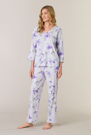 A lady wearing Shadow Petals Cotton Long Pajama Set