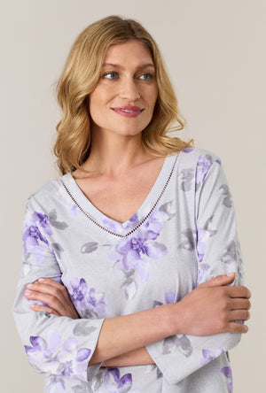 A lady wearing Shadow Petals Cotton Long Pajama Set closer look