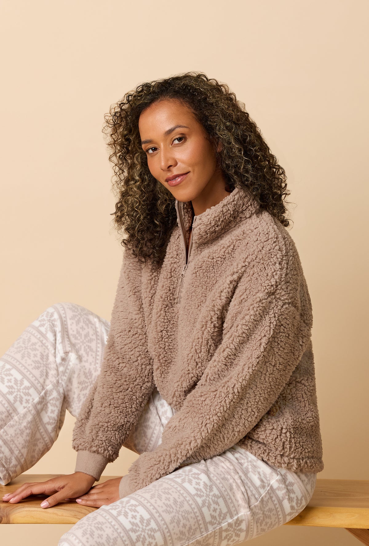 Oatmeal Fair Isle Sherpa Zip Top & Stretch Fleece Pajama Set
