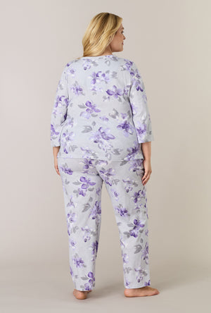 A lady wearing plus size Shadow Petals Cotton Long Pajama Set back view