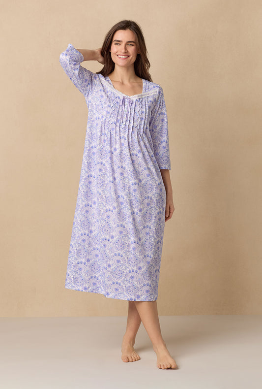 A lady wearing Purple Paisley Long Sleeve Cotton Ballet Nightgown