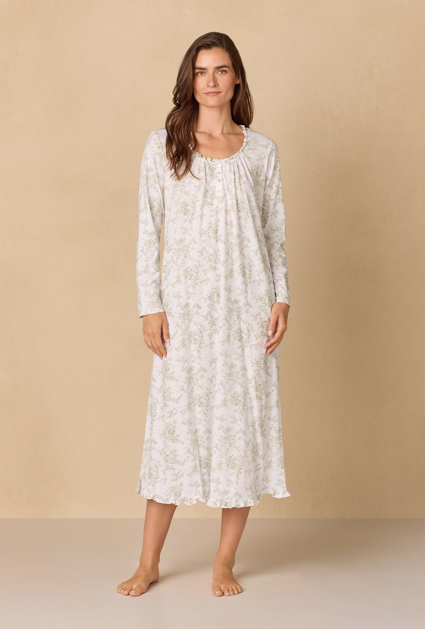 A lady wearing Whispering Rose Toile Long Cotton Knit Nightgown