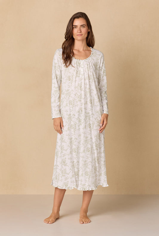 A lady wearing Whispering Rose Toile Long Cotton Knit Nightgown