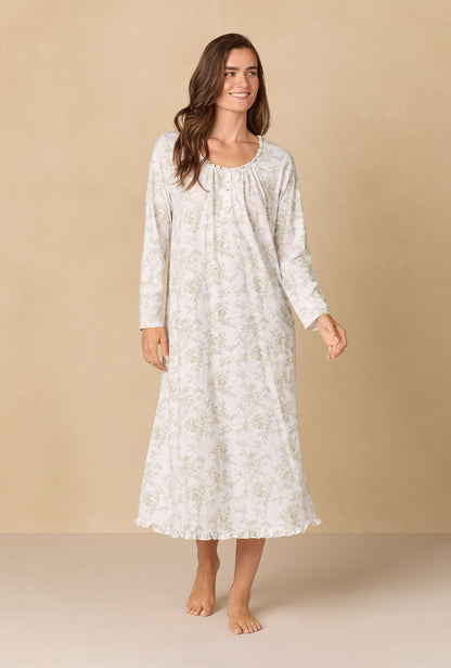 A lady wearing Whispering Rose Toile Long Cotton Knit Nightgown