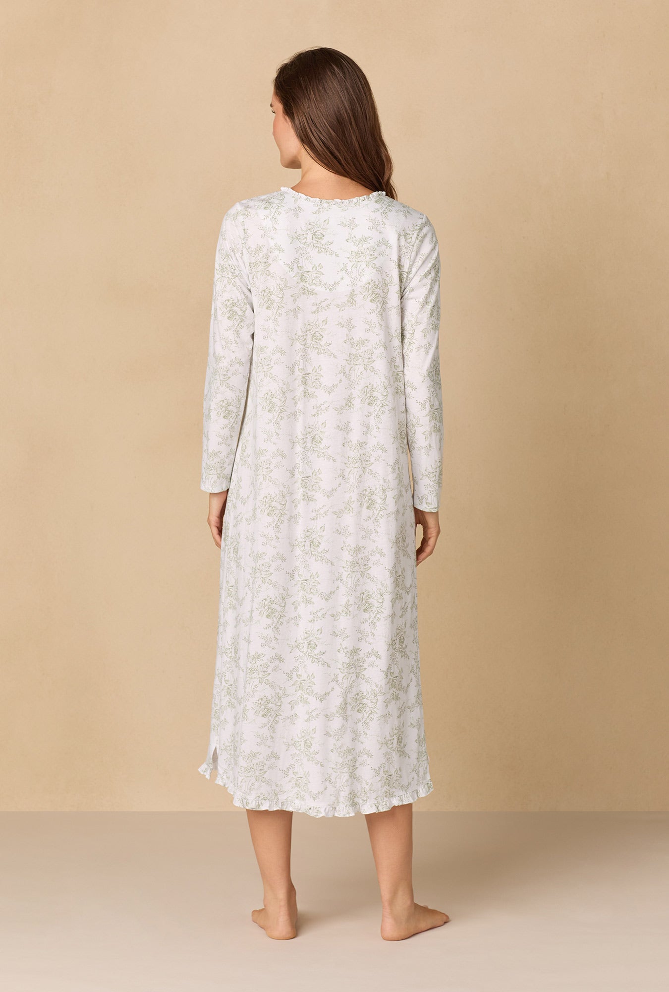 A lady wearing Whispering Rose Toile Long Cotton Knit Nightgown