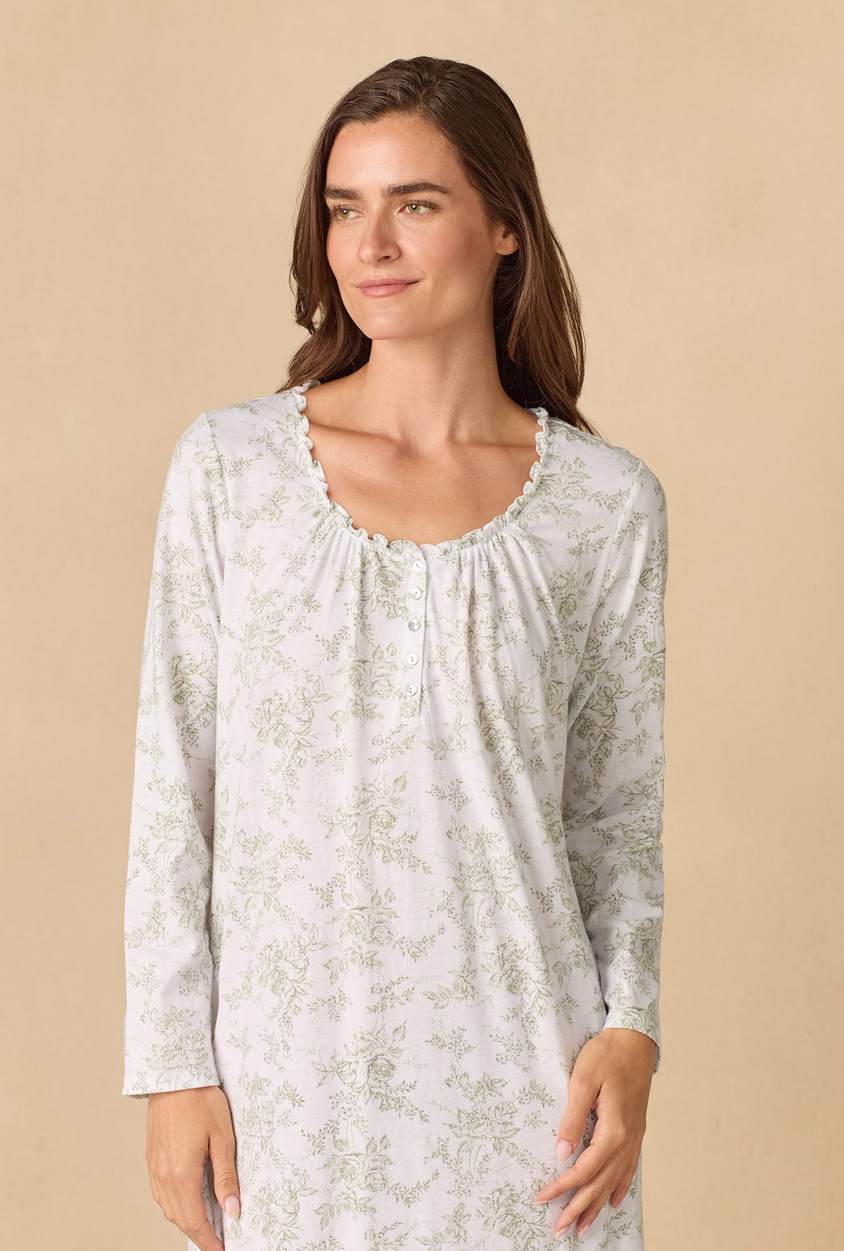 A lady wearing Whispering Rose Toile Long Cotton Knit Nightgown