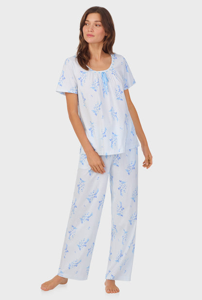 A lady wearing Floral Stripe Cotton Long Pajama Set