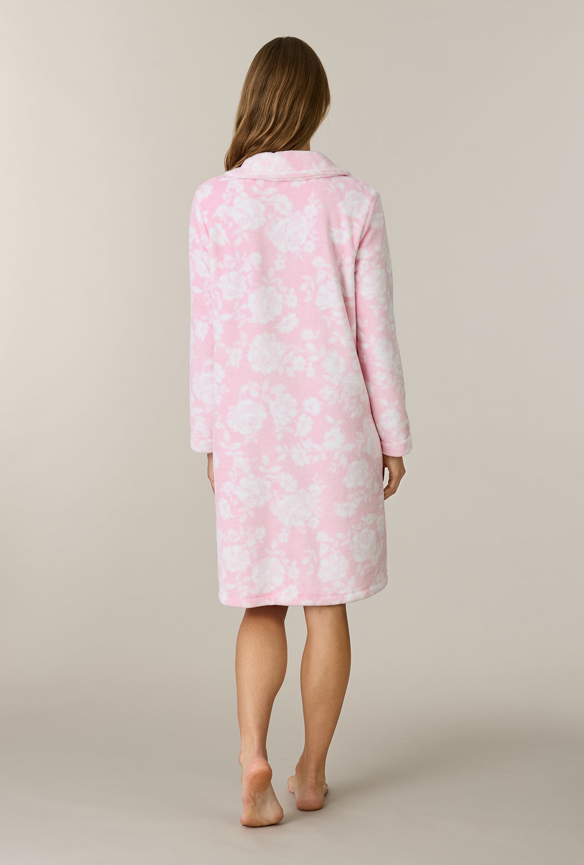 A lady wearing Pink Peonies Chenille Short Zip Robe back view