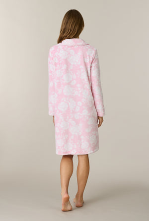 A lady wearing Pink Peonies Chenille Short Zip Robe back view