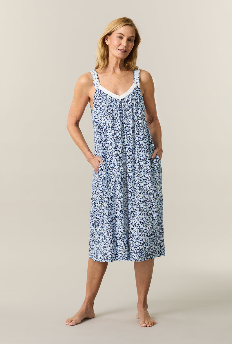 A lady wearing Blue Depths Floral Cotton Waltz Chemise