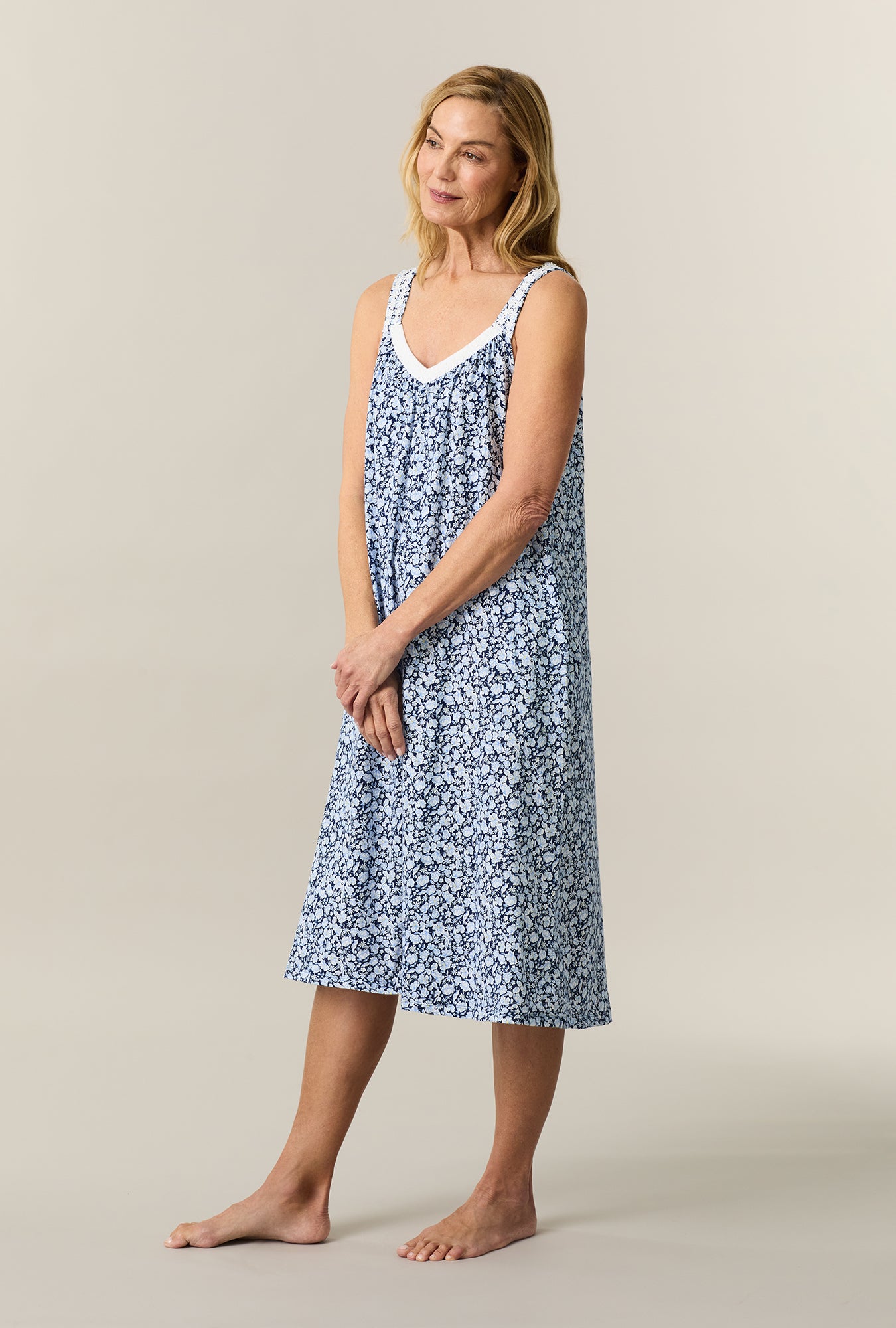 A lady wearing Blue Depths Floral Cotton Waltz Chemise