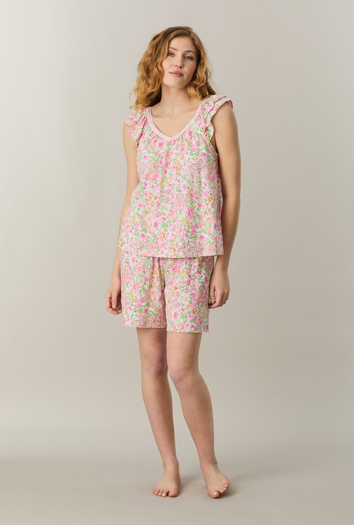 A lady wearing Summer Blossom Cotton Bermuda Pajama Set