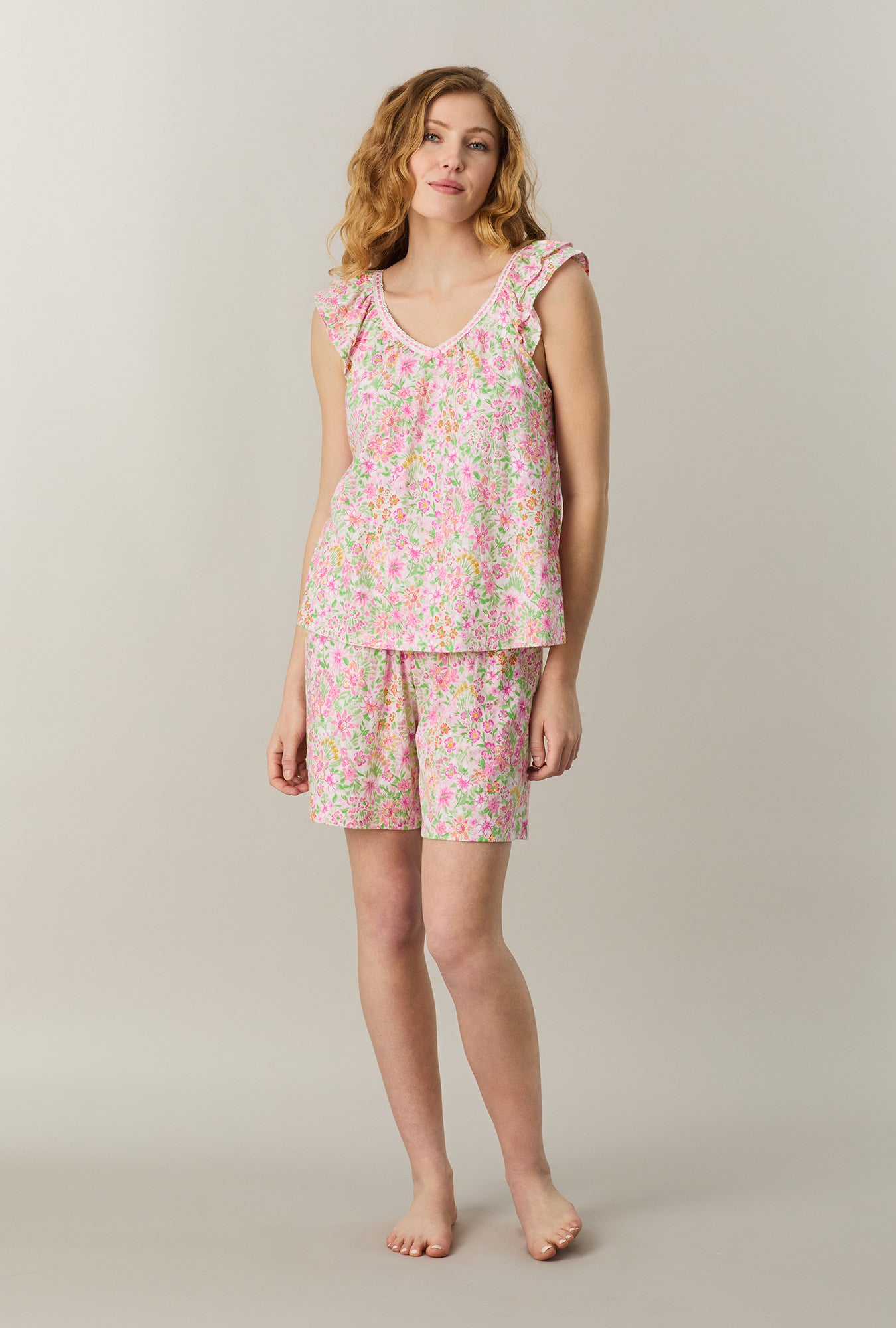 A lady wearing Summer Blossom Cotton Bermuda Pajama Set