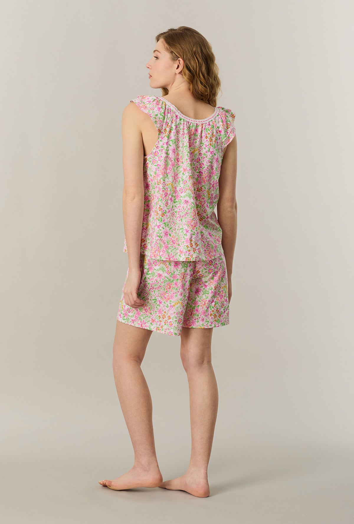 A lady wearing Summer Blossom Cotton Bermuda Pajama Set back view
