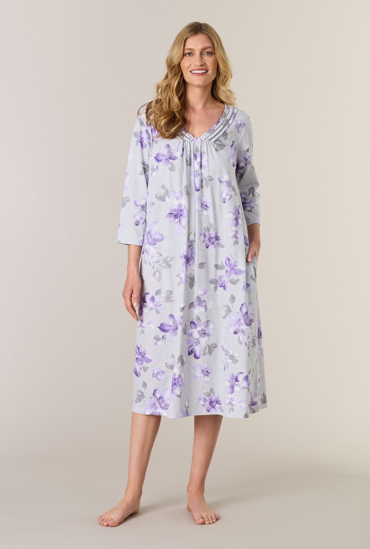 A lady wearing Shadow Petals Cotton Midi Nightgown looking front