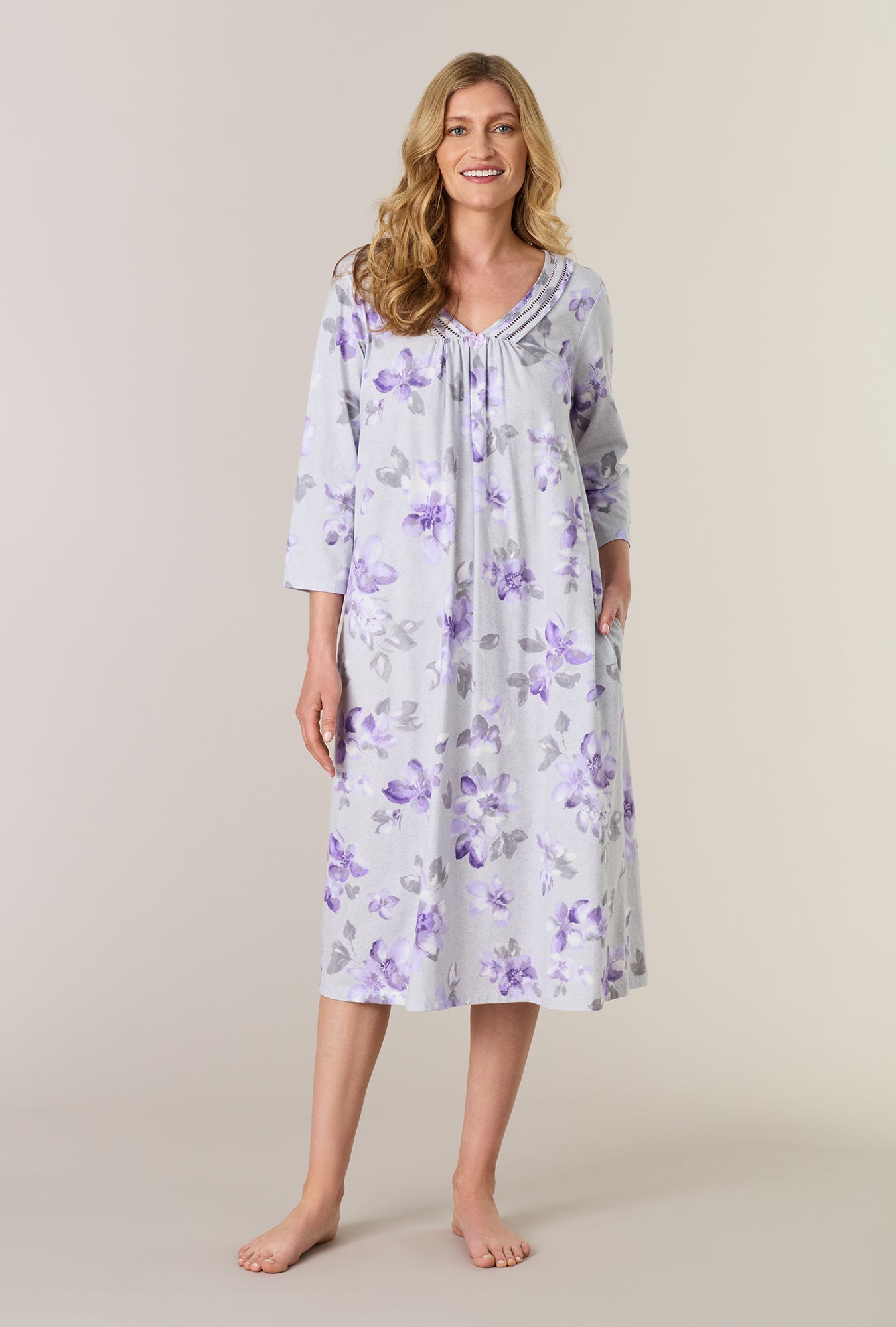 A lady wearing Shadow Petals Cotton Midi Nightgown