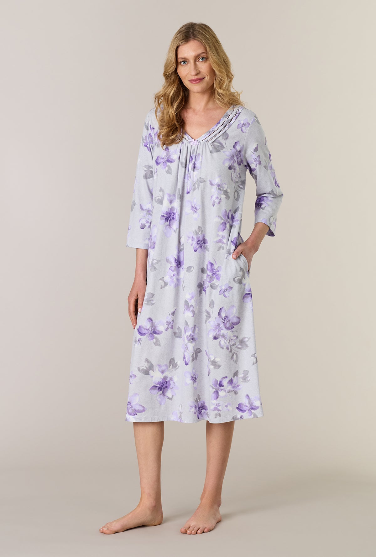 A lady wearing Shadow Petals Cotton Midi Nightgown