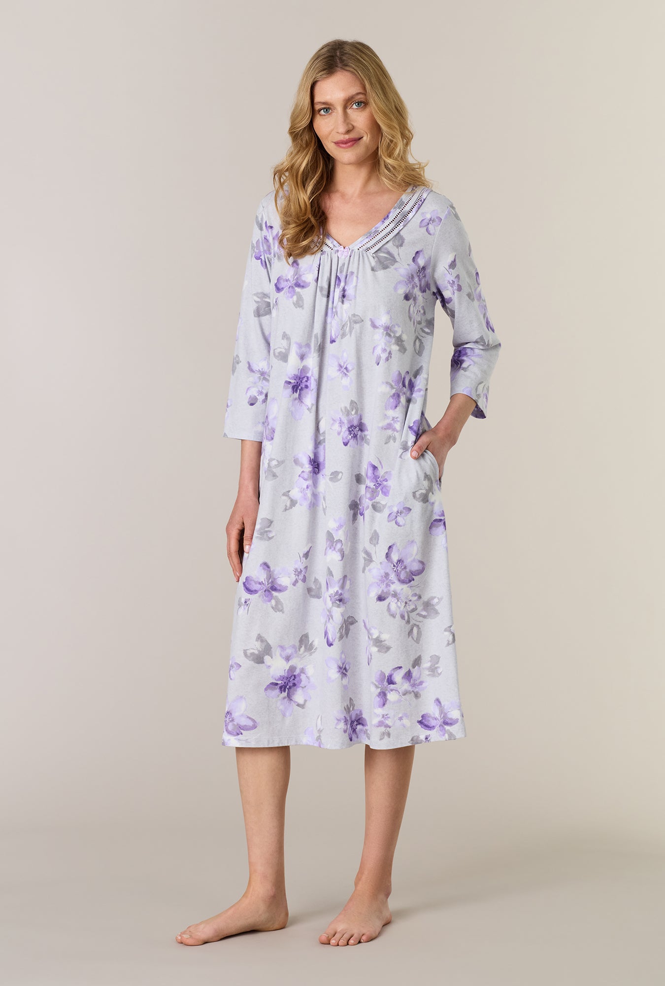 A lady wearing Shadow Petals Cotton Midi Nightgown