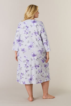 A lady wearing plus size Shadow Petals Cotton Midi Nightgown back view