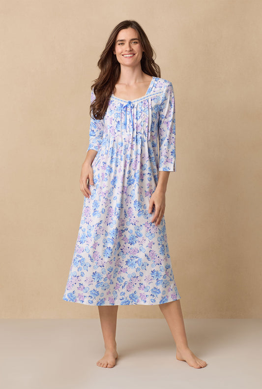 A lady wearing Purple Hydrangea Long Sleeve Cotton Ballet Nightgown