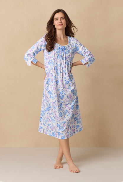 A lady wearing Purple Hydrangea Long Sleeve Cotton Ballet Nightgown