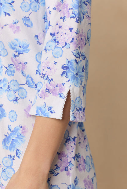 A lady wearing Purple Hydrangea Long Sleeve Cotton Ballet Nightgown