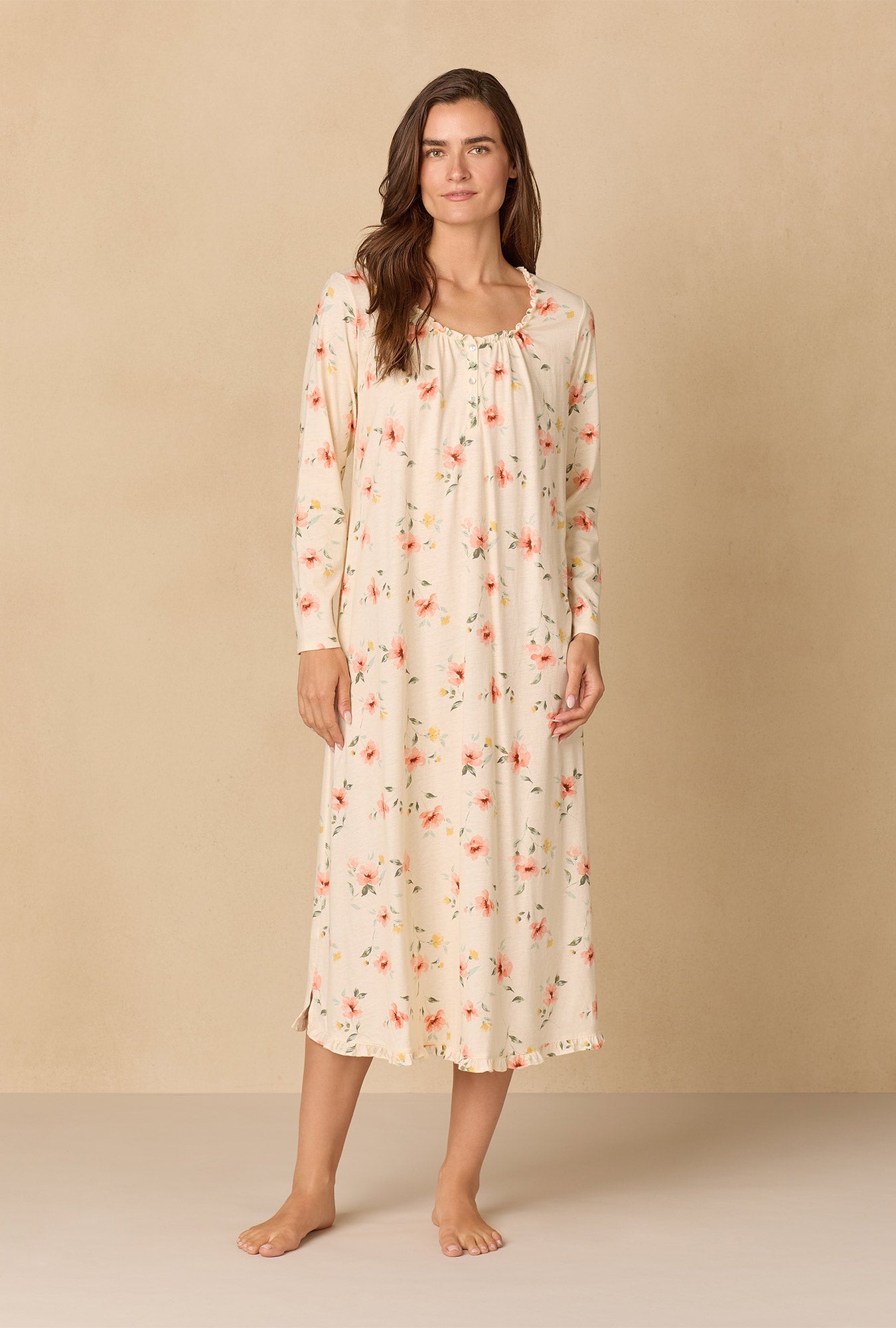 A lady wearing Sunlit Meadow Long Cotton Knit Nightgown