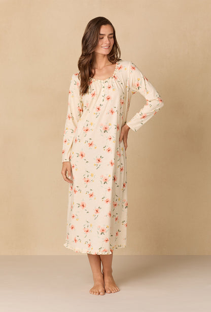 A lady wearing Sunlit Meadow Long Cotton Knit Nightgown