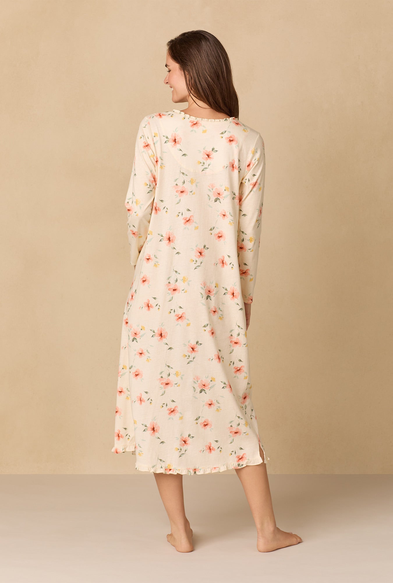 A lady wearing Sunlit Meadow Long Cotton Knit Nightgown