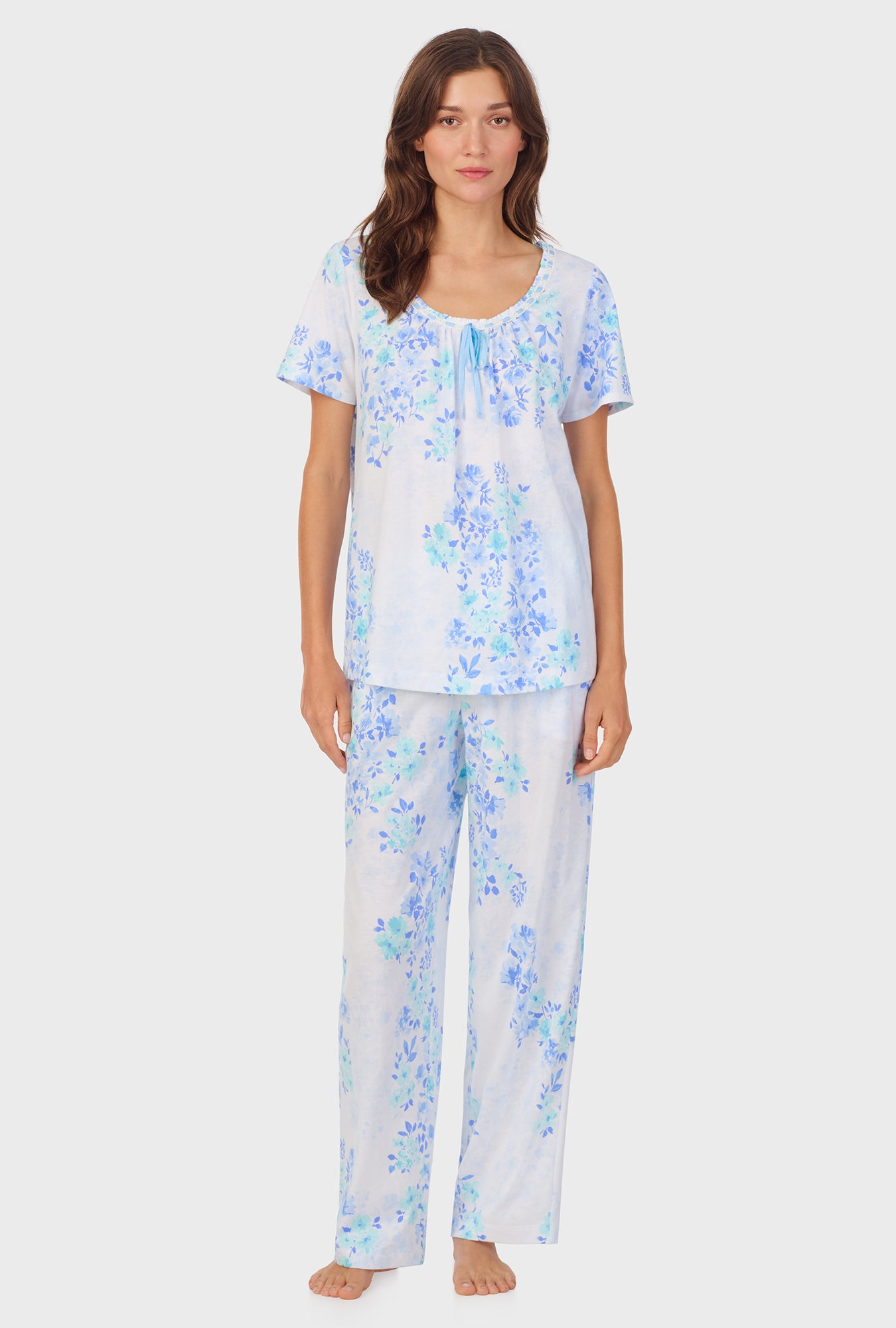 A lady wearing Watercolor Floral Cotton Long Pajama Set