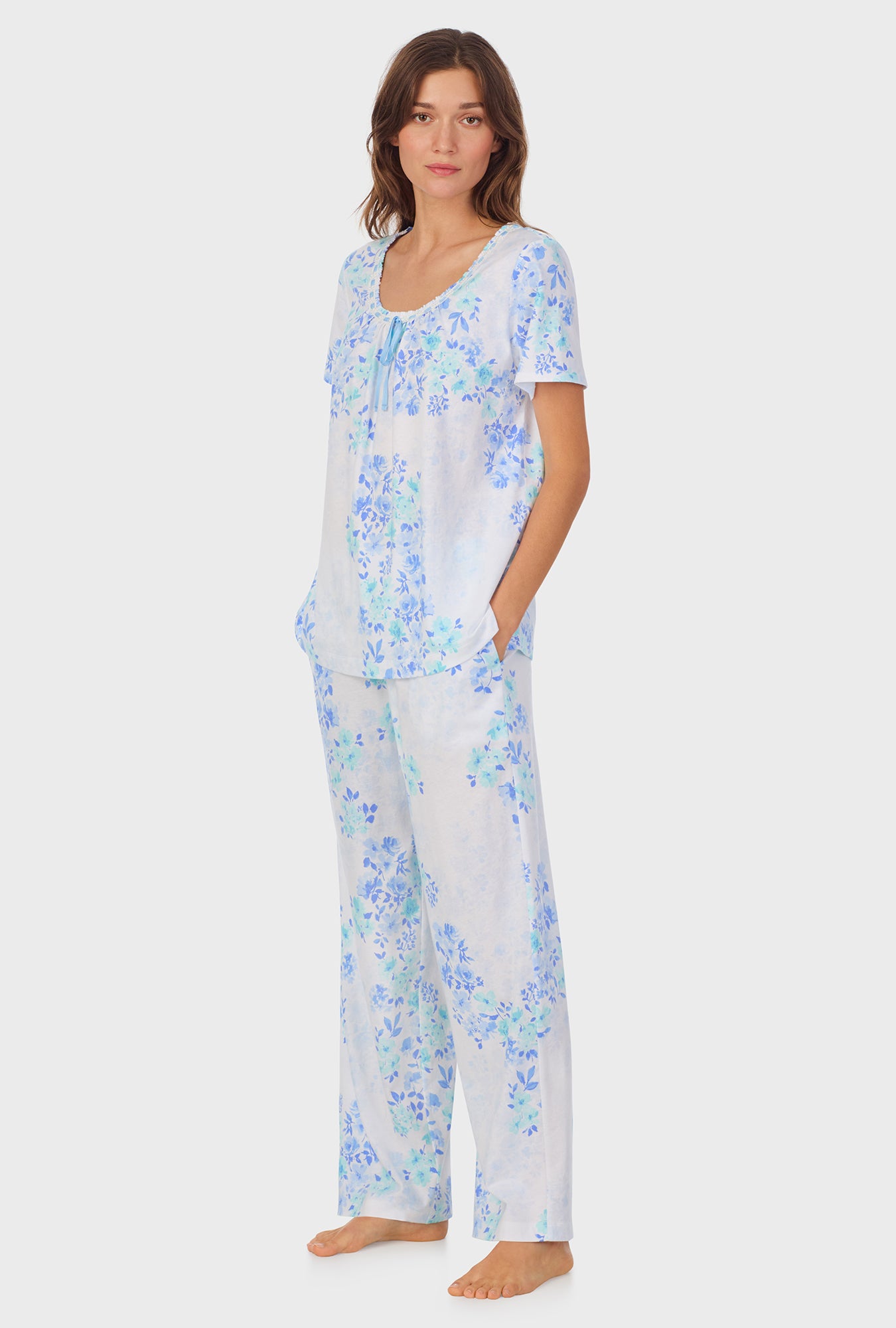 A lady wearing Watercolor Floral Cotton Long Pajama Set