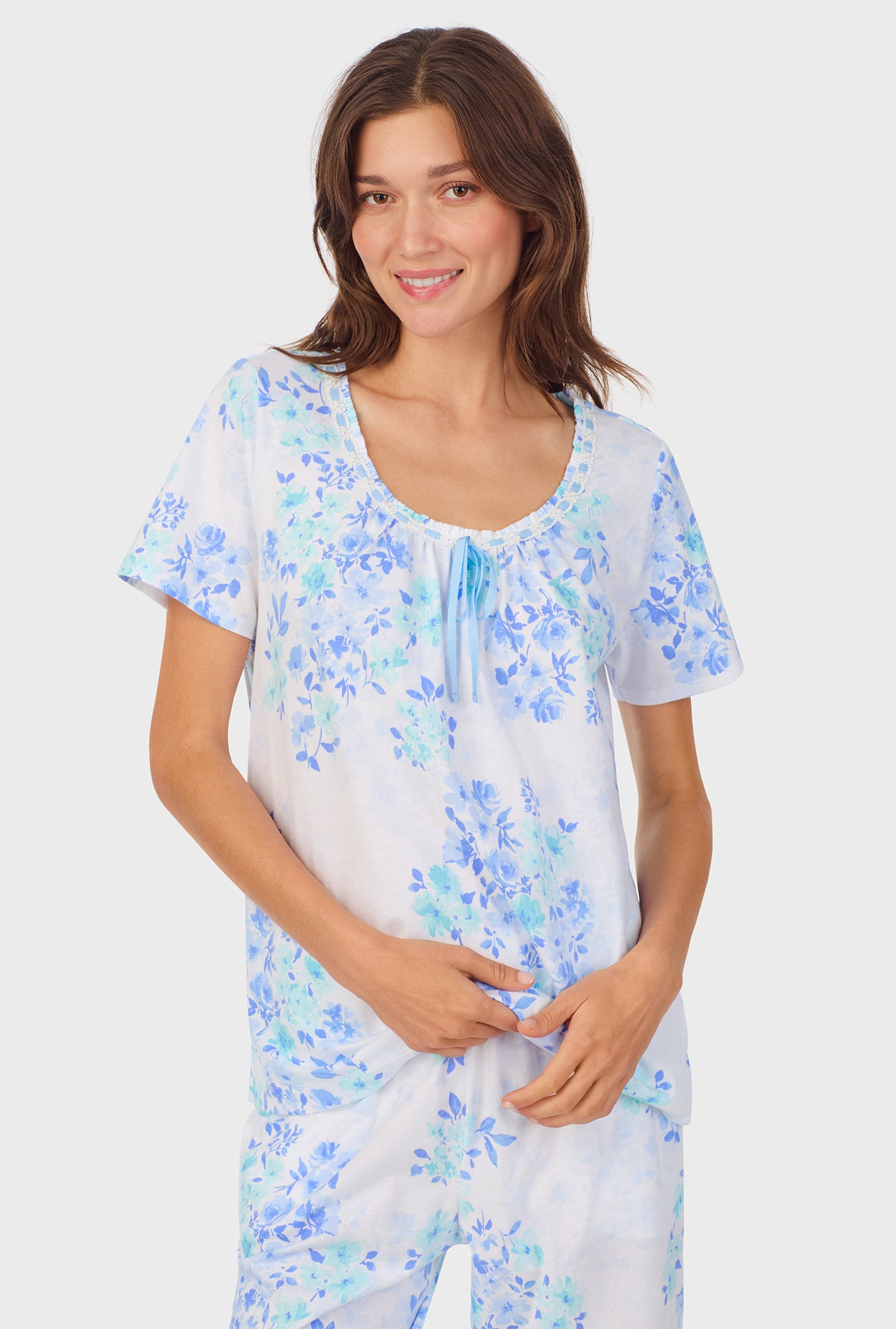 A lady wearing Watercolor Floral Cotton Long Pajama Set