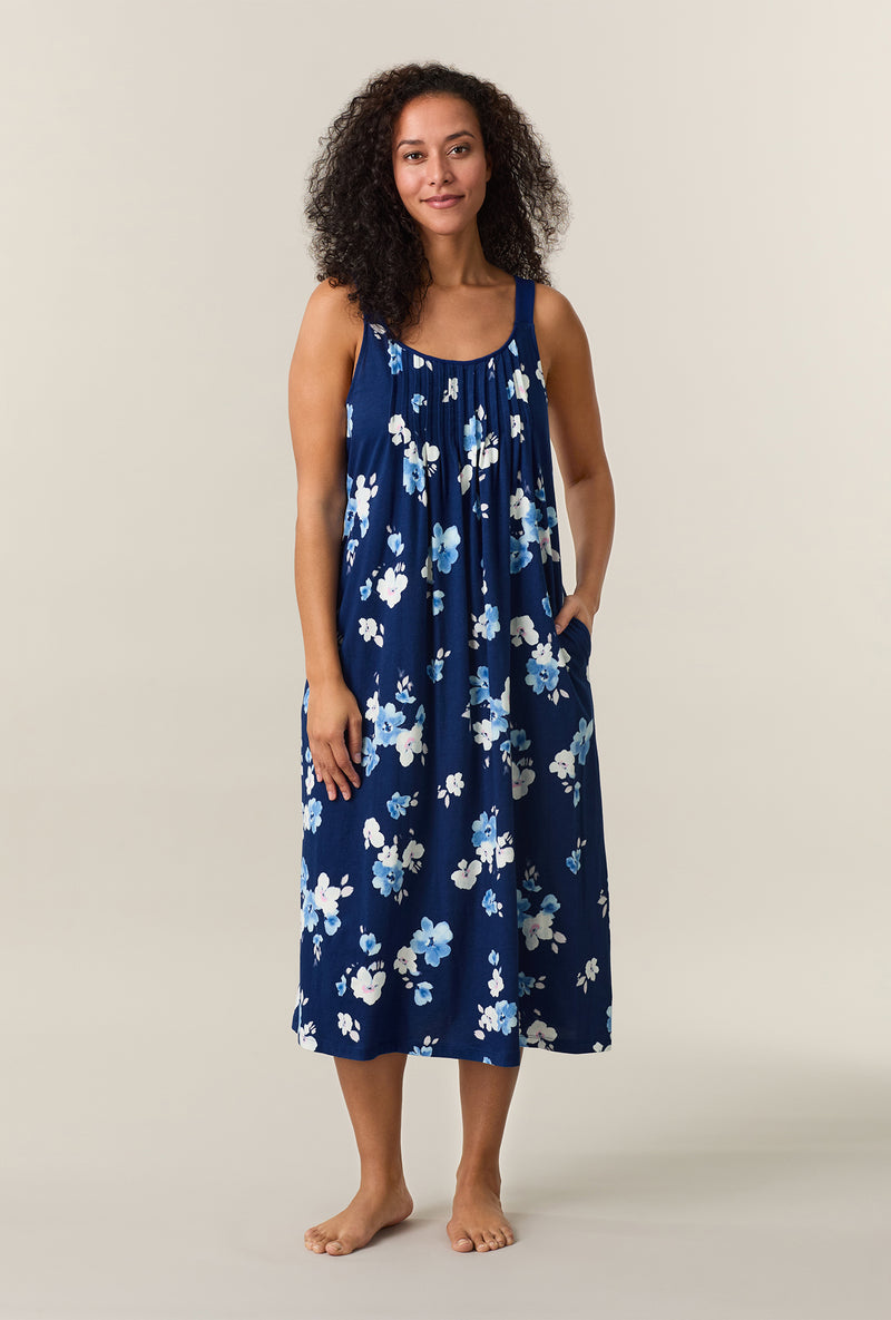 A lady wearing Blue Depths Blooms Cotton Long Chemise