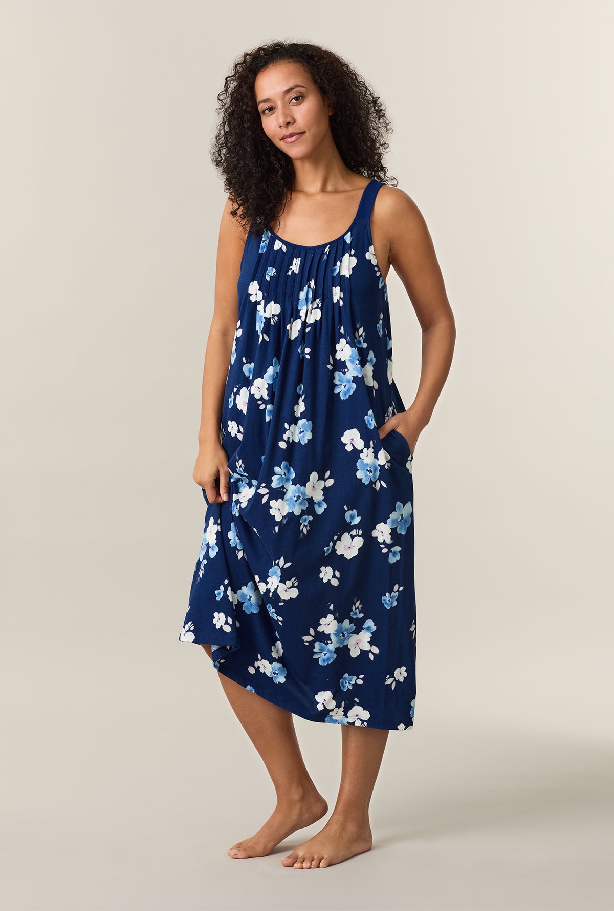A lady wearing Blue Depths Blooms Cotton Long Chemise