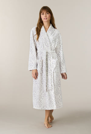 A lady wearing Pearl Damask Wrap Two-Tone Velour Ballet Robe