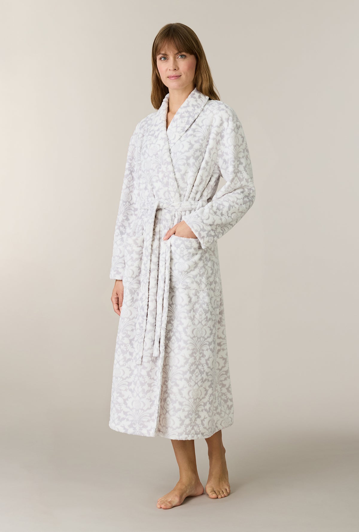 A lady wearing Pearl Damask Wrap Two-Tone Velour Ballet Robe looking front