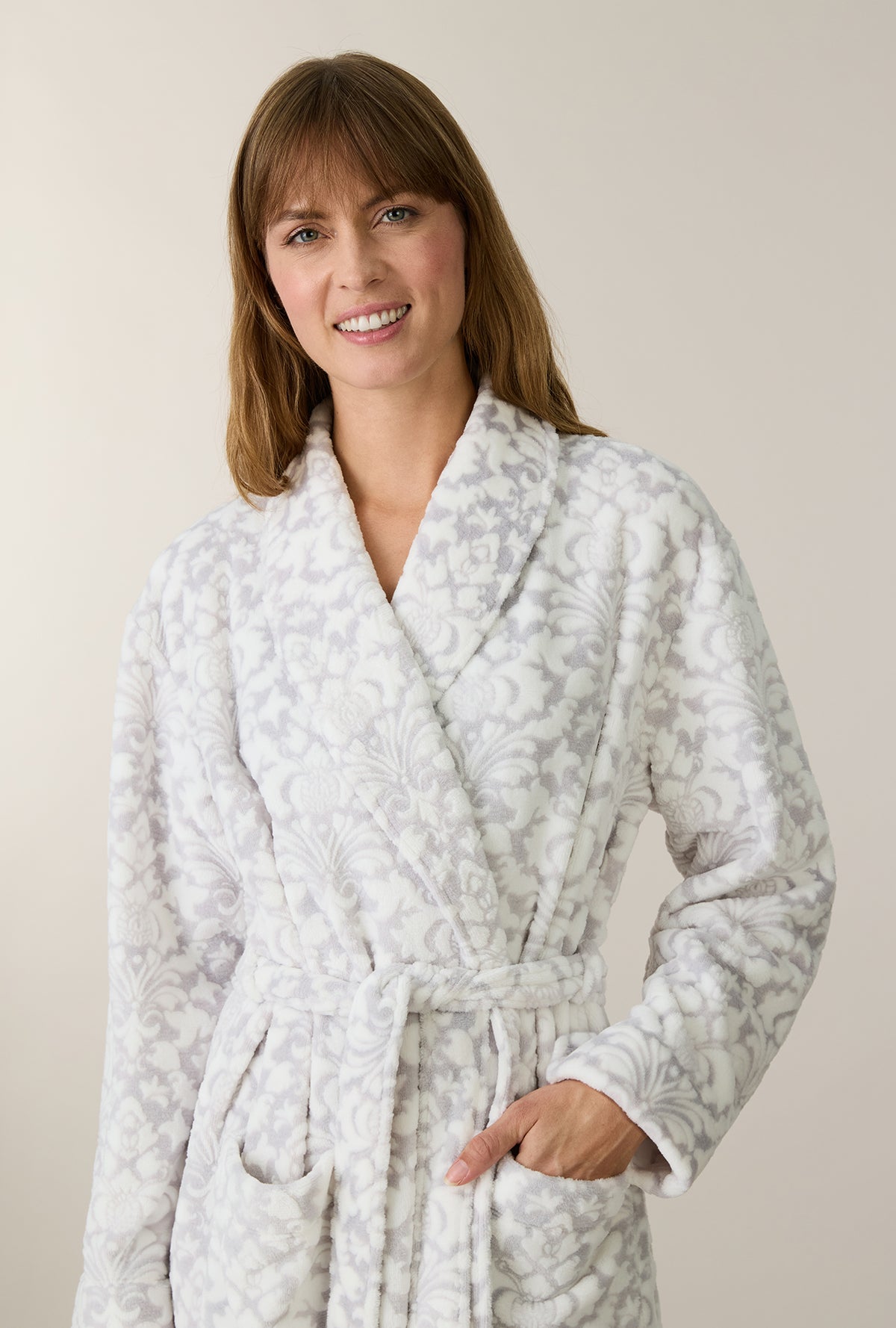 A lady wearing Pearl Damask Wrap Two-Tone Velour Ballet Robe closer look