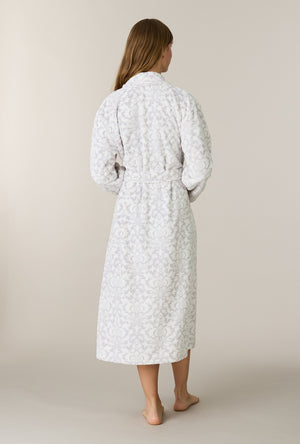 A lady wearing Pearl Damask Wrap Two-Tone Velour Ballet Robe back view