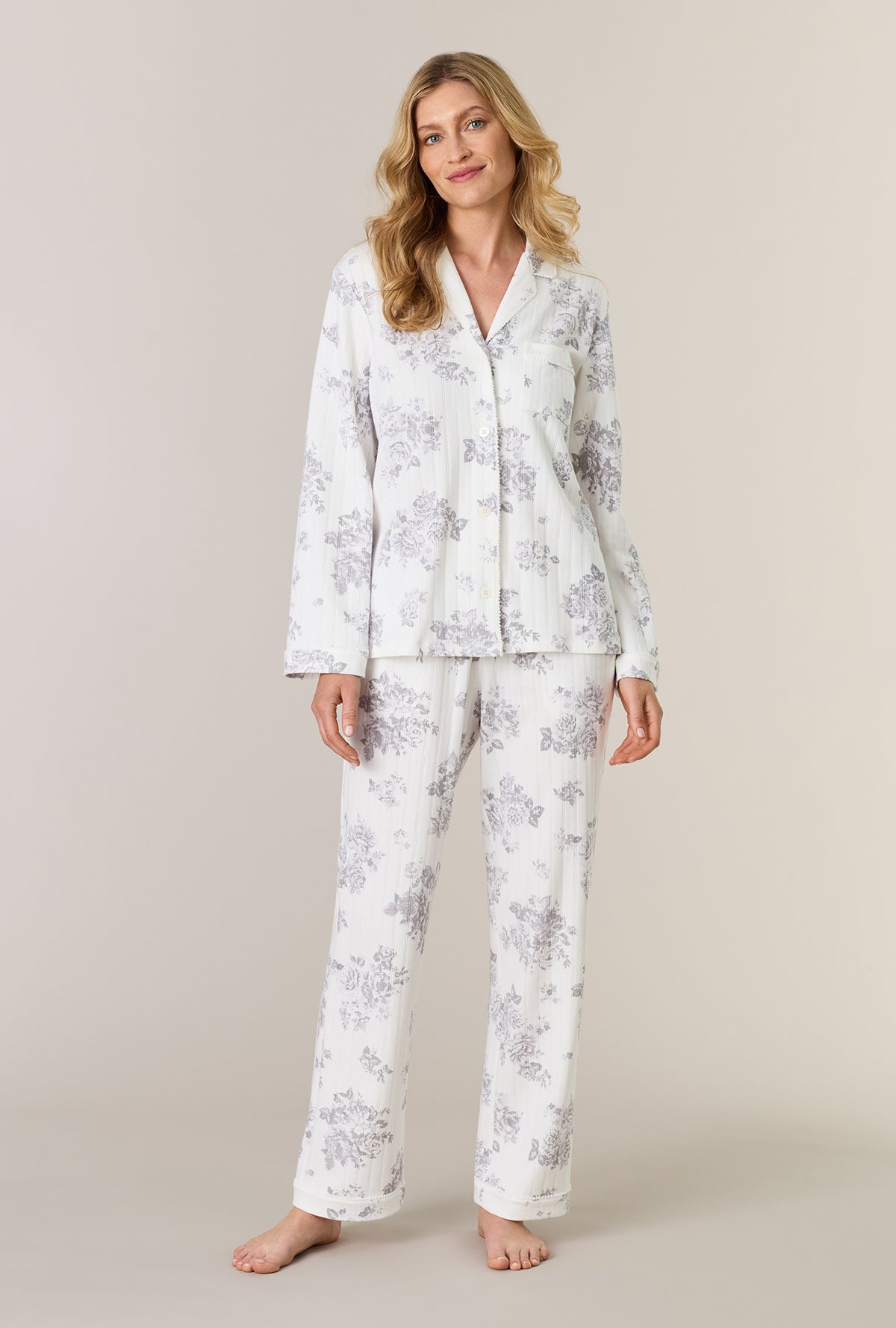 A lady wearing Morning Mist Cotton Pointelle Long Pajama Set looking front