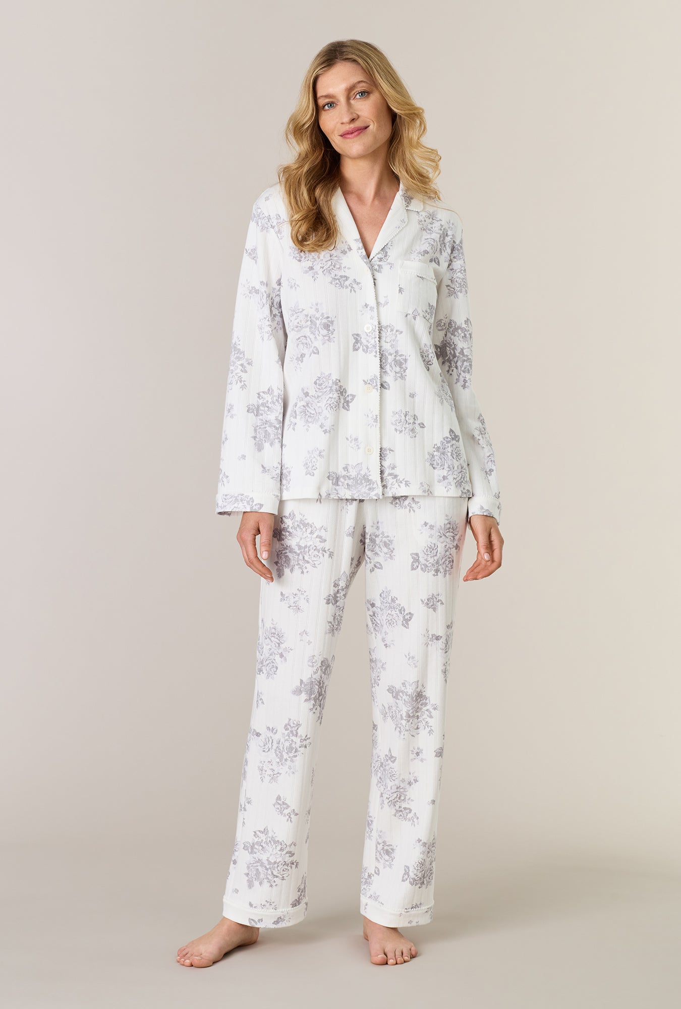 A lady wearing Morning Mist Cotton Pointelle Long Pajama Set