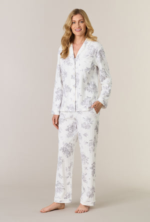 A lady wearing Morning Mist Cotton Pointelle Long Pajama Set