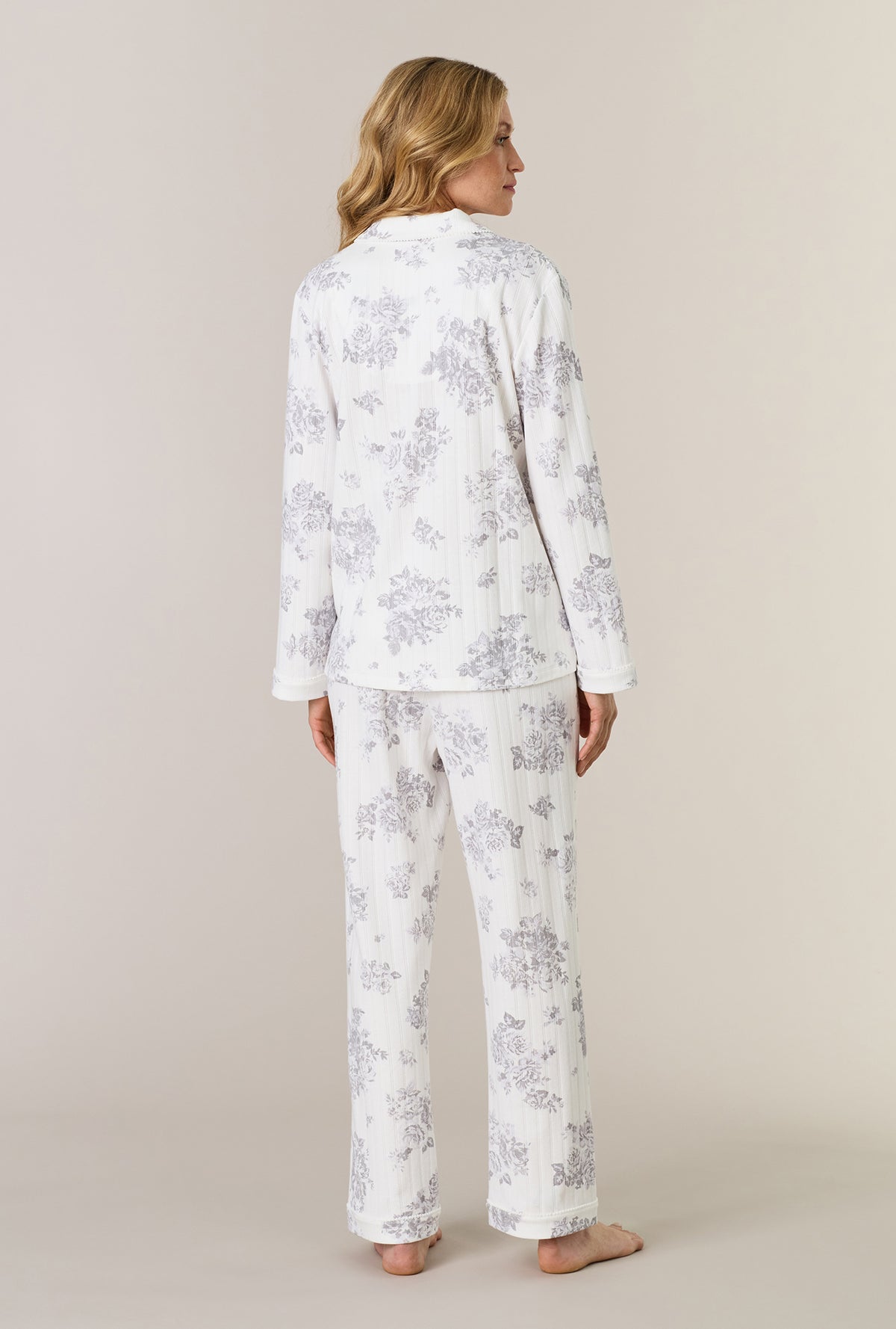 A lady wearing Morning Mist Cotton Pointelle Long Pajama Set back view