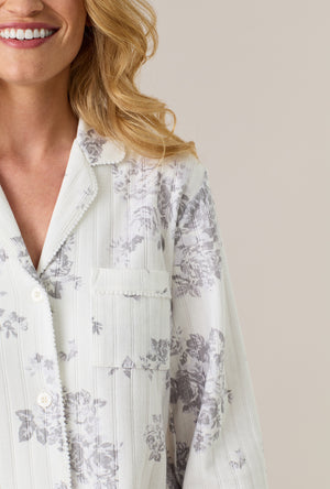 A lady wearing Morning Mist Cotton Pointelle Long Pajama Set closer look
