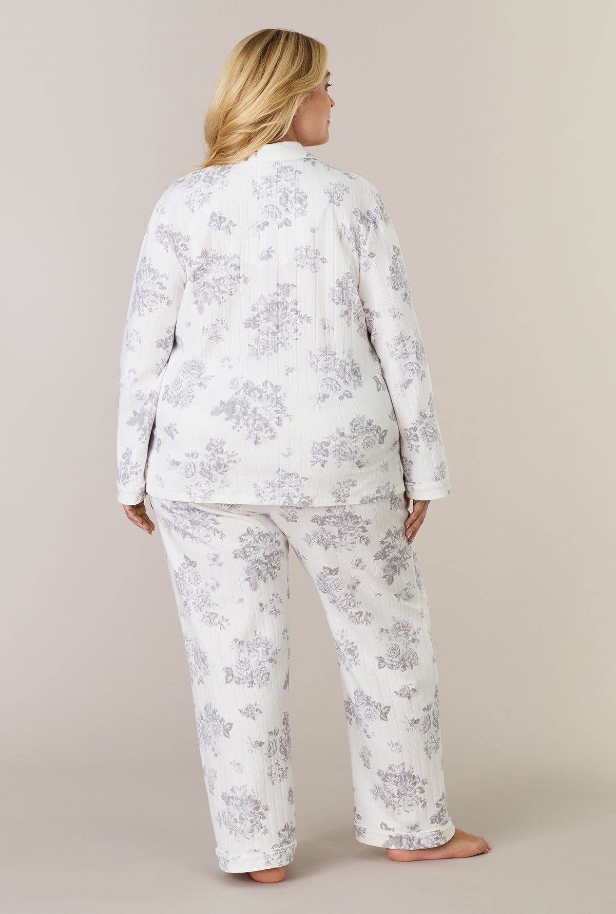 A lady wearing plus size Morning Mist Cotton Pointelle Long Pajama Set back view